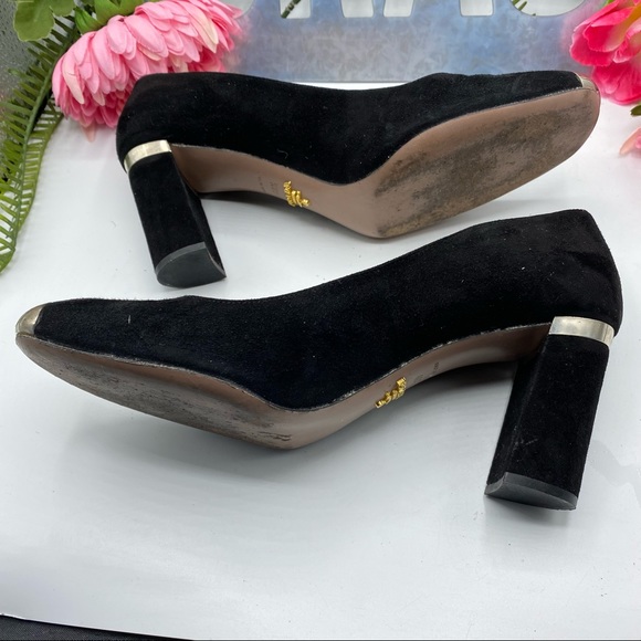 Prada Sz 10 1/2 Black Suede Captoe Silver Logo on Heel - Picture 7 of 10
